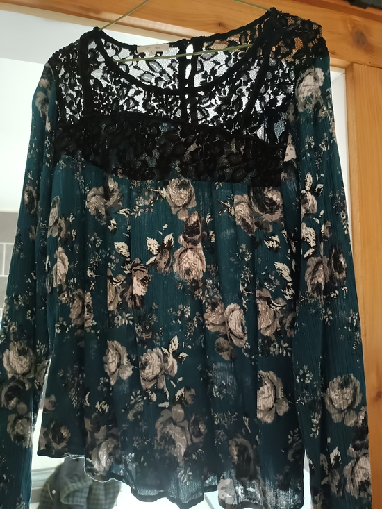 Maurices Tops - Maurices Teal Floral Long-Sleeve Top with Black Lace Yoke
